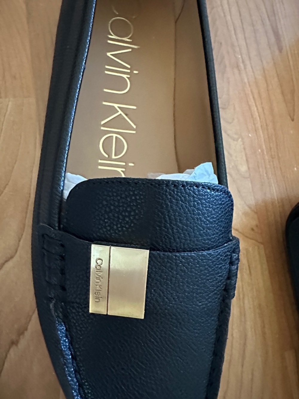 Calvin Klein Black Leather Slip-On Loafers with Gold Accent - Picture 3 of 6